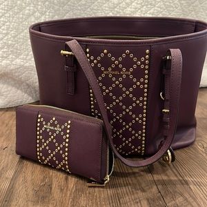 Purple and gold Micheal Kors purse with wallet